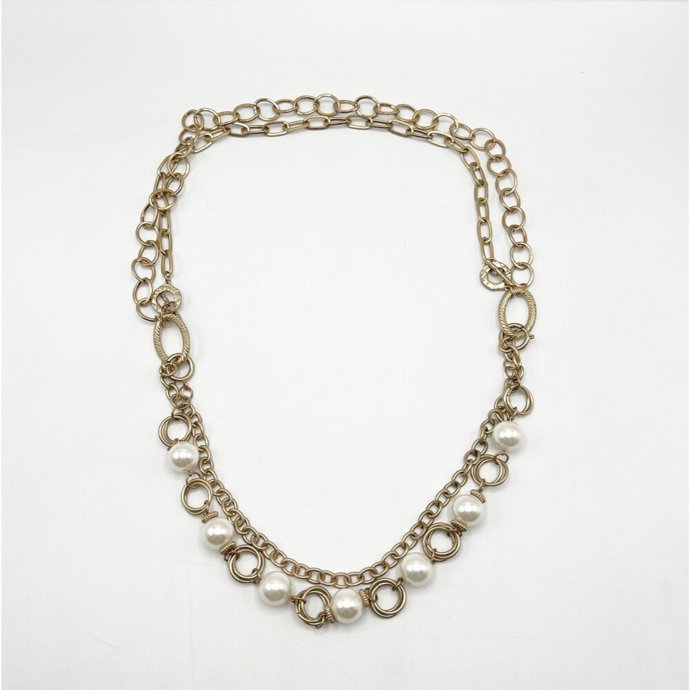 Premier Designs Gold Tone Faux Pearl Double Circle Link Chain Necklace Preppy